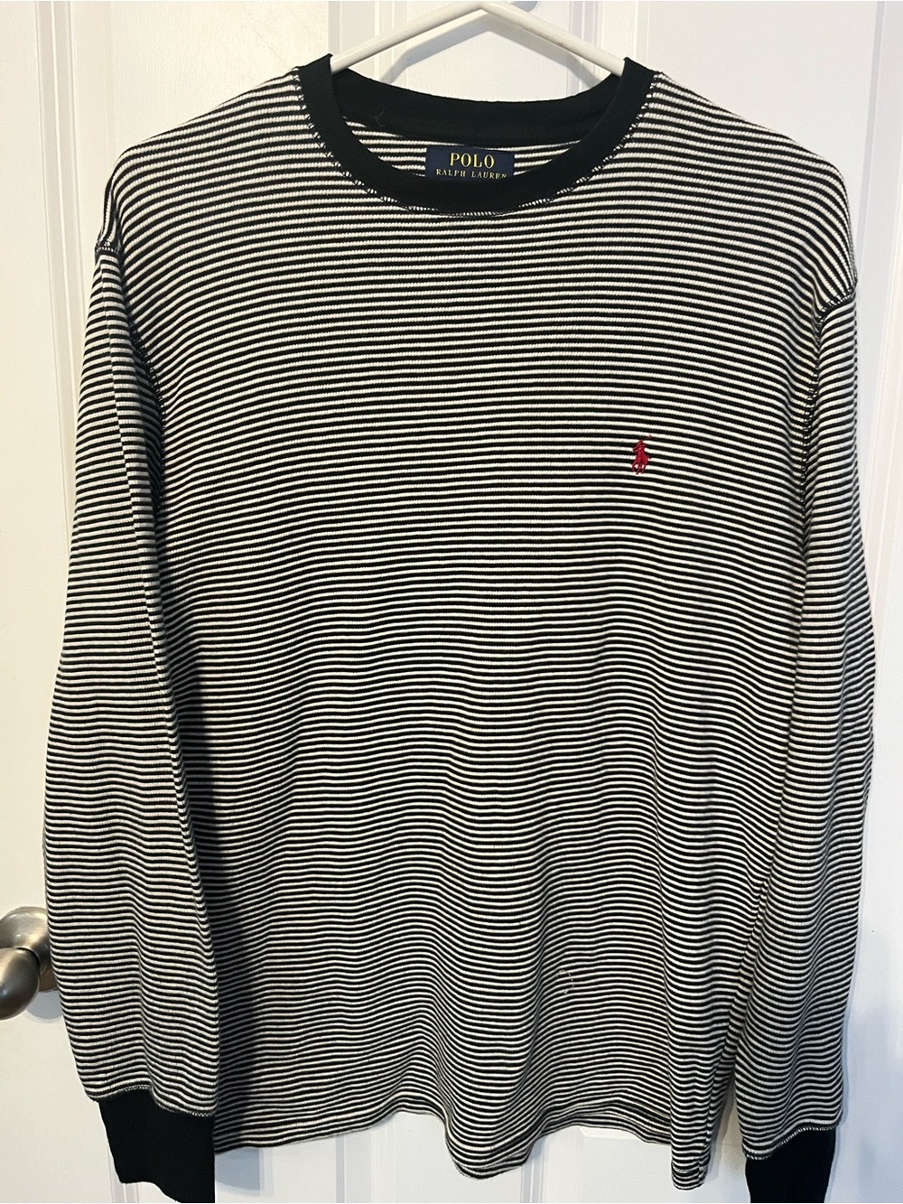 Ralph Lauren Black & White Stripe Long-Sleeve thermalTee - Red Pony